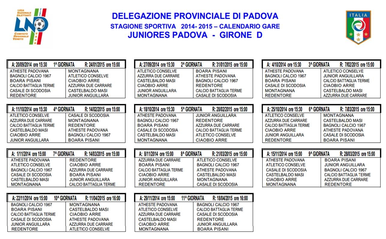 Juniores provinciali ecco i calendari di Padova e del "Basso Piave"